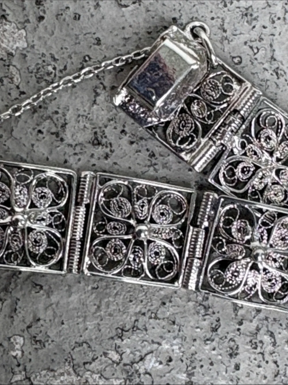 Vintage silver square panel filigree bracelet